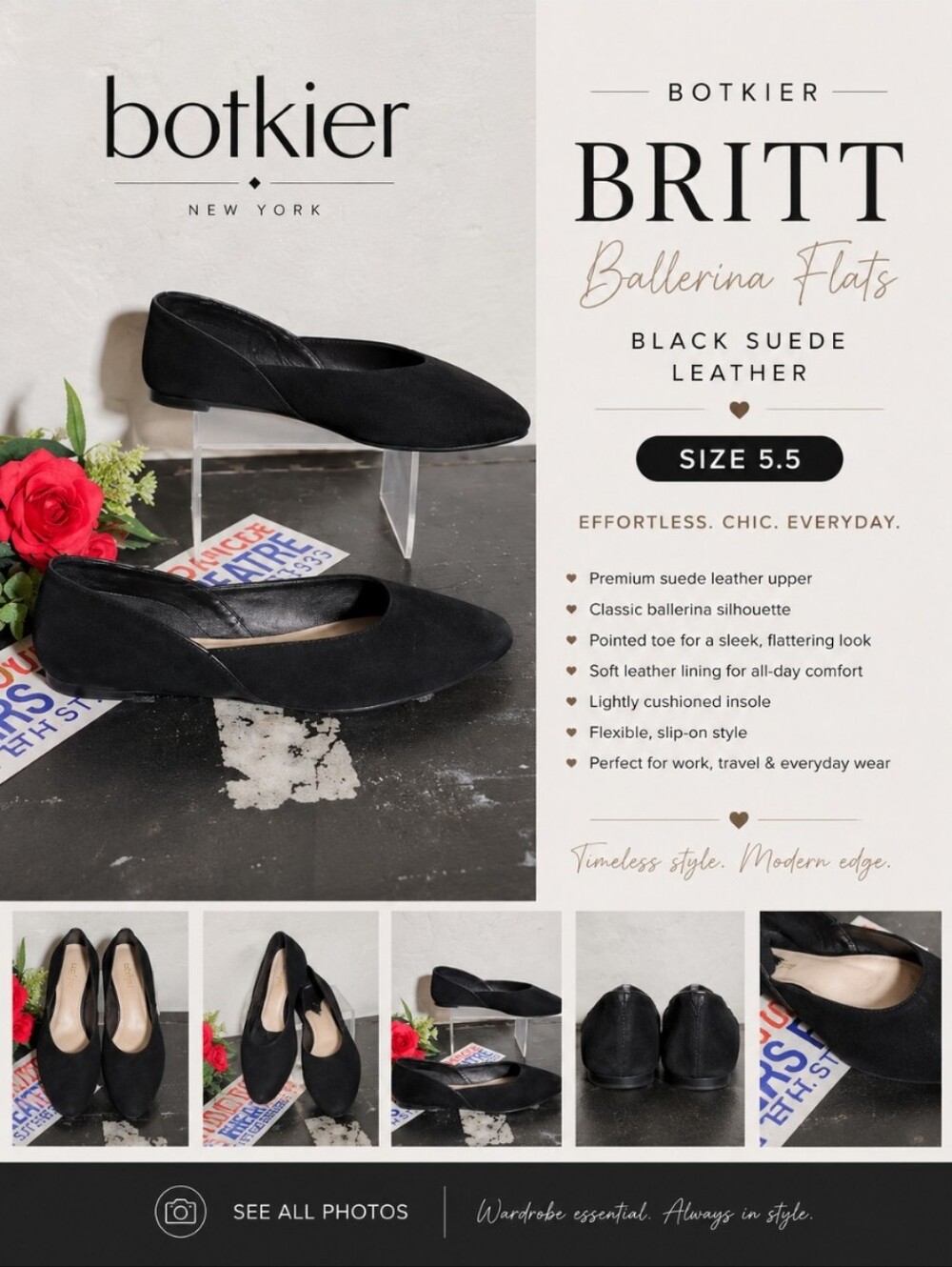 BOTKIER Britt  Black Leather Suede Ballerina Flats 5.5